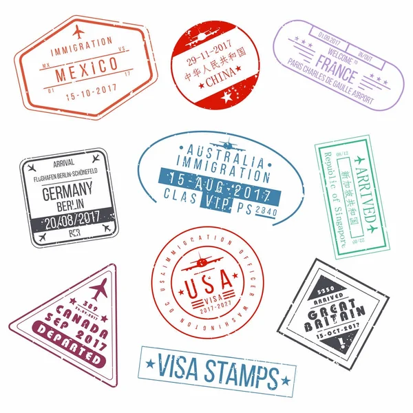 Set Visa Passport Stamps International Arrivals Sign Rubber Stamps Vector — Stock Vector