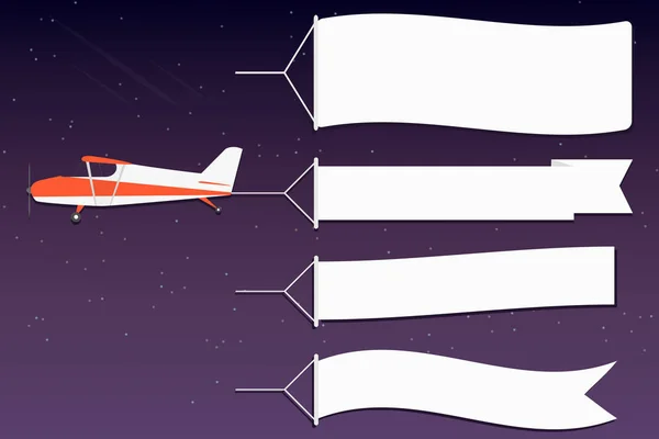 Flying Advertising Banner Plane Horizontal Banners Night Outer Space Background — Stock Vector