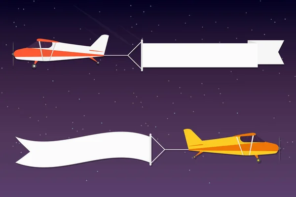 空飛ぶ広告バナー 夜宇宙背景の水平方向のバナーと飛行機 ベクトル — ストックベクタ