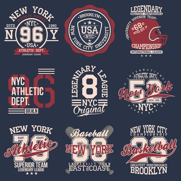 Vintage Labels Set Athletic Sport Typography Shirt Print Varsity Style — Stock Vector