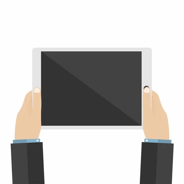 Uomo Affari Detiene Tablet Utilizzando Tablet Digitale Design Piatto Vettore — Vettoriale Stock
