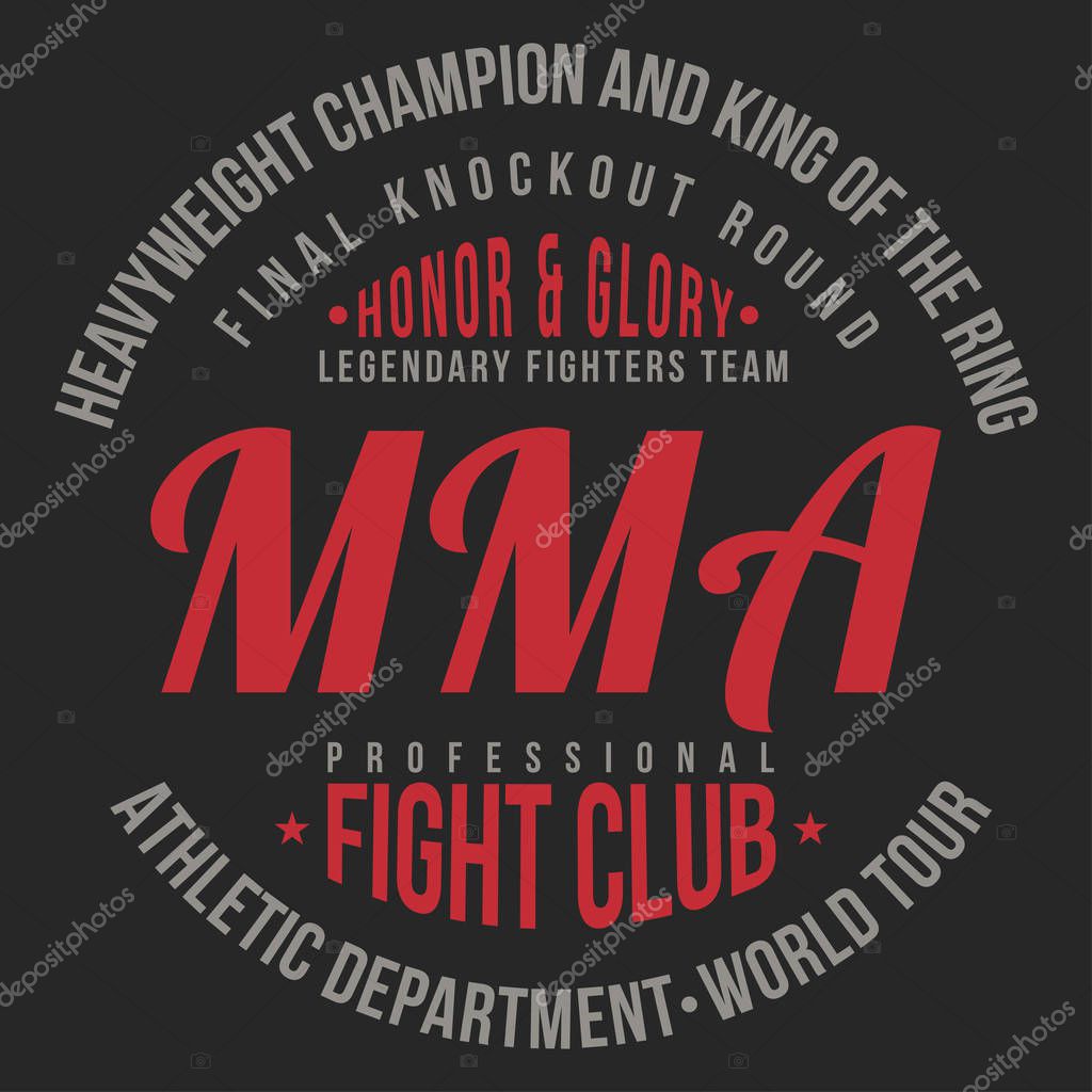 MMA, Mixed Martial Arts typography for t-shirt print. Sports, athletic t-shirt graphics. Vector