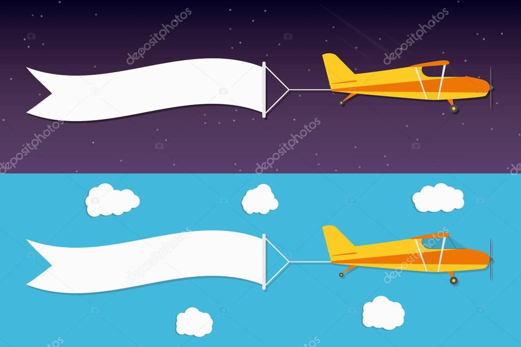 Flying advertising banner. Planes with horizontal banners in night outer space and day blue sky background. Vector