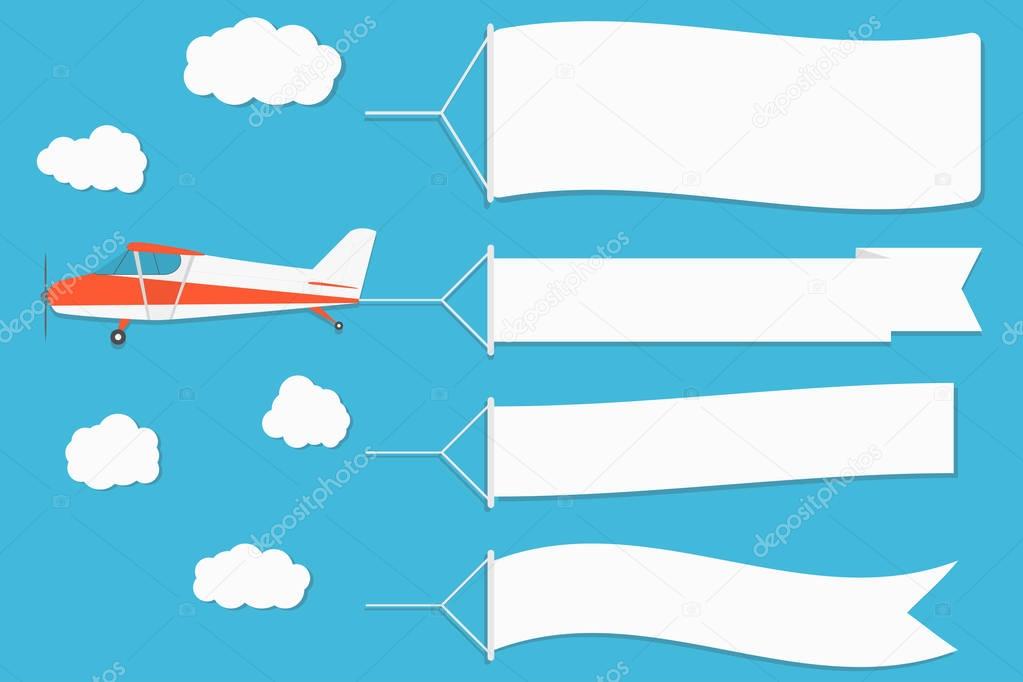 Flying advertising banner. Plane with horizontal banners on blue sky background. Vector