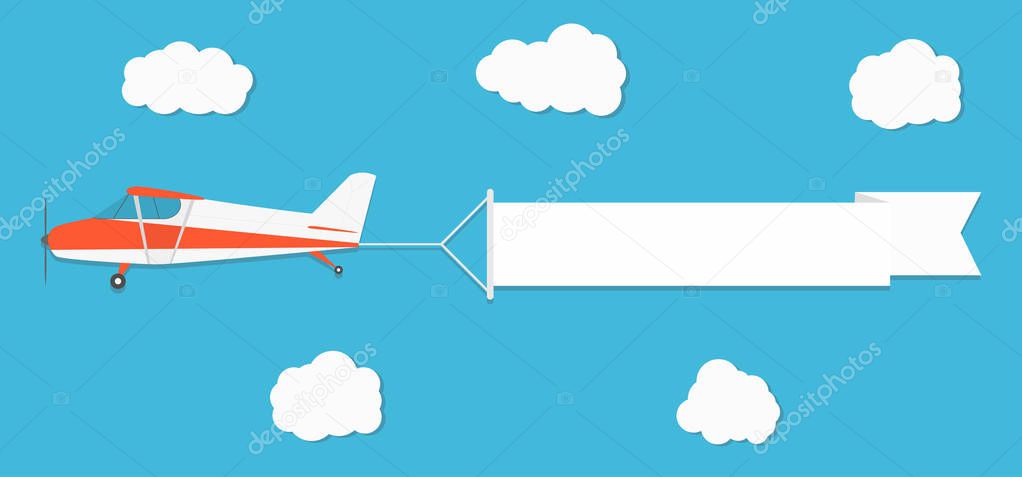 Flying advertising banner. Planes with horizontal banners on blue sky background. Vector