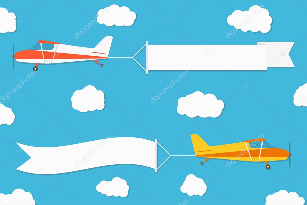 Flying advertising banner. Planes with horizontal banners on blue sky background. Vector