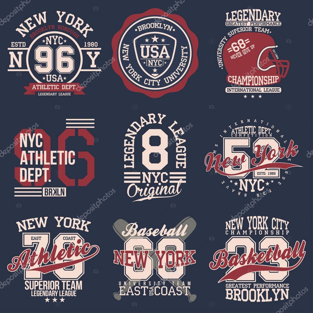 Vintage labels set, athletic sport typography for t shirt print. Varsity style. T-shirt graphic. Vector