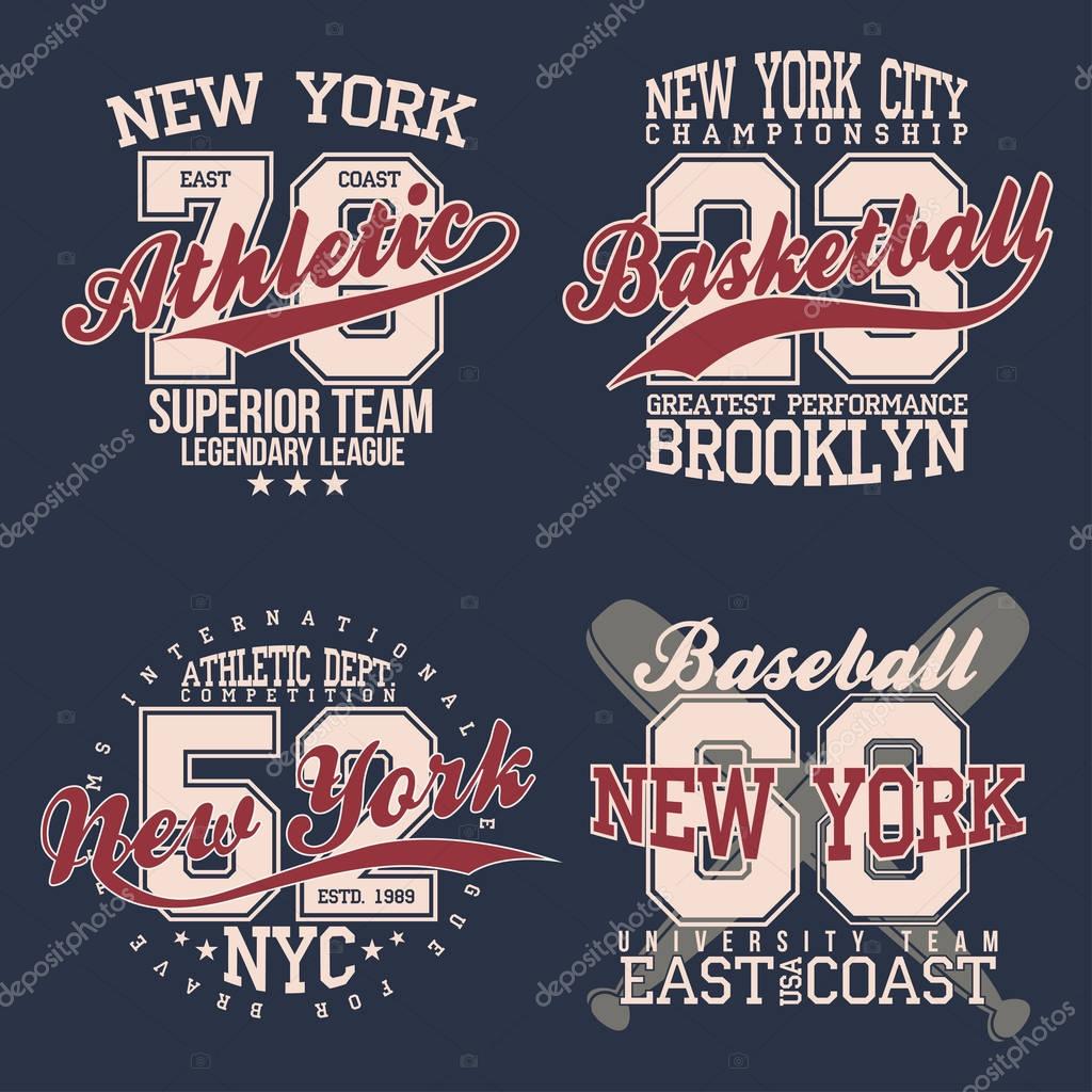 Vintage labels set, athletic sport typography for t shirt print. Varsity style. T-shirt graphic. Vector