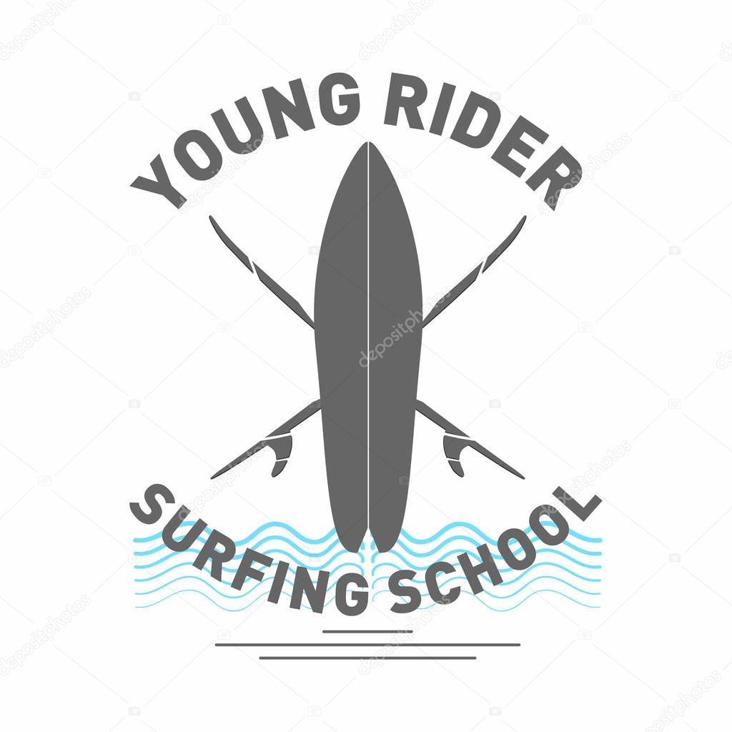 Surfing school logo. Monochrome surfboard with waves and lettering. Vector