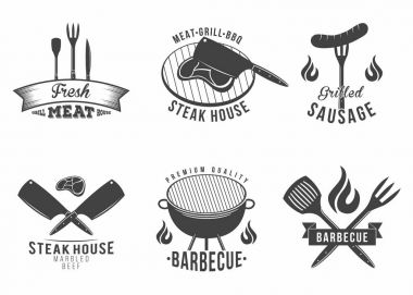 Barbekü. ızgara ve Barbekü Restoran logosu, menü öğesi, etiket ve rozet kümesi