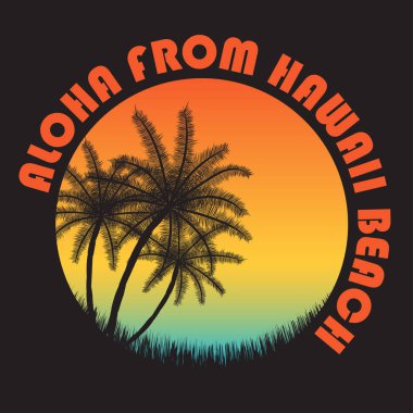 80s vintage Hawaii tipografi tarzı. Retro t-shirt grafik tropik cenneti sahne ve tropik avuç içi ile