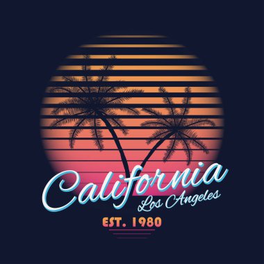80s vintage California tipografi tarzı. Retro t-shirt grafik tropik cenneti sahne ve tropik avuç içi ile