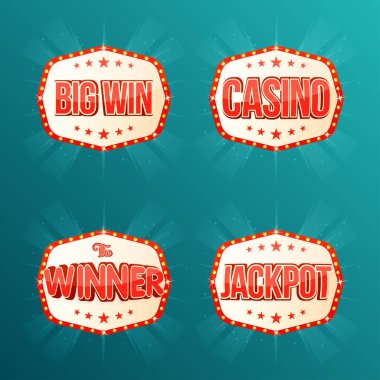 Casino, Jackpot, kazanan, Big win, afiş koleksiyonu. Retro açık karelerle parlayan lambaları