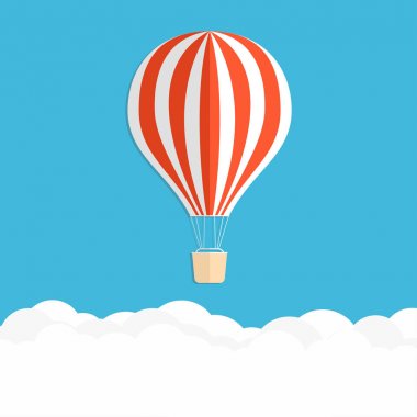 Sıcak hava balon gökyüzünde. Bulutların üstünde kırmızı çizgili hava balonu