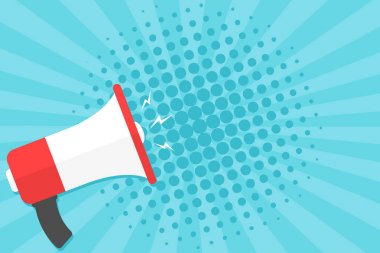 Güneş ışınları ve yarı ton noktaları zemin üzerine megafon. Pop sanat tarzı