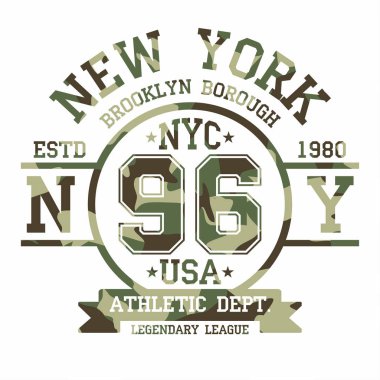 Kamuflaj tipografi t-shirt için yazdırın. New York, okul takımı, atletik tişört grafik