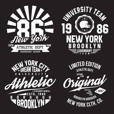 New York, Brooklyn tipografi t-shirt baskı için. Spor, atletik tişört grafik ayarlayın. Rozet koleksiyonu