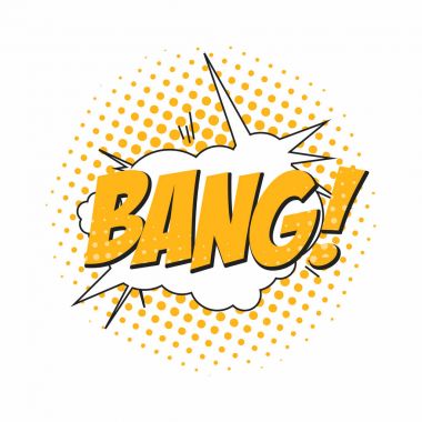 Bang. Çizgi roman ses efekti, konuşma balonu pop sanat tarzı. Çizgi roman arka plan şablonu iletişim için