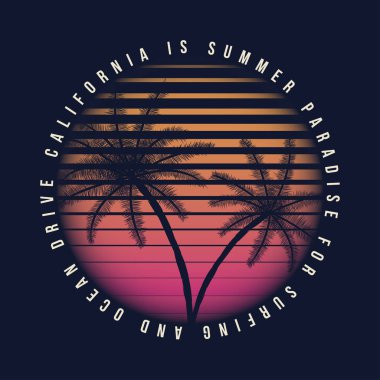 80s vintage California tipografi tarzı. Retro t-shirt grafik tropik cenneti sahne ve tropik avuç içi ile