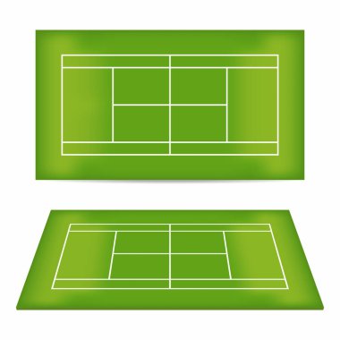 Tenis Kortu ayarlayın. Tenis Kortu aşağı çiğnenmiş çimen ile. Üstten Görünüm ve perspektif görünüm