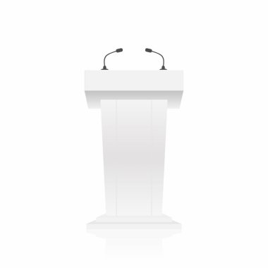 Podyum, tribün, stand Kürsü mikrofonlar ile. İzleyiciler tarafından gelen arkadan görünüm