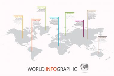 Dünya Infographic şablonu. Her kıtada marker ile Dünya Haritası