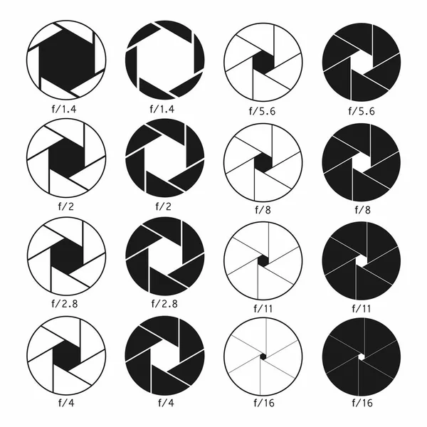 Conjunto Ícones Abertura Obturador Câmera Coleção Diagramas Monocromáticos Vetor — Vetor de Stock