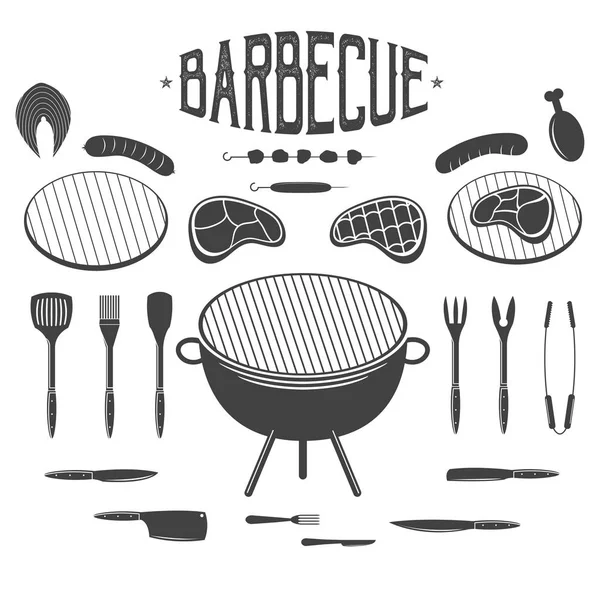 Barbekü. mangal ve ızgara tasarım öğeleri. Ekipman, et, tavuk, sosis, kebap. Simgeler, steak house veya ızgara bar için etiket