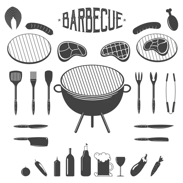 Barbekü. mangal ve ızgara tasarım öğeleri. Ekipman, et, bira, sebze, şarap. Simgeler, steak house veya ızgara bar için etiket