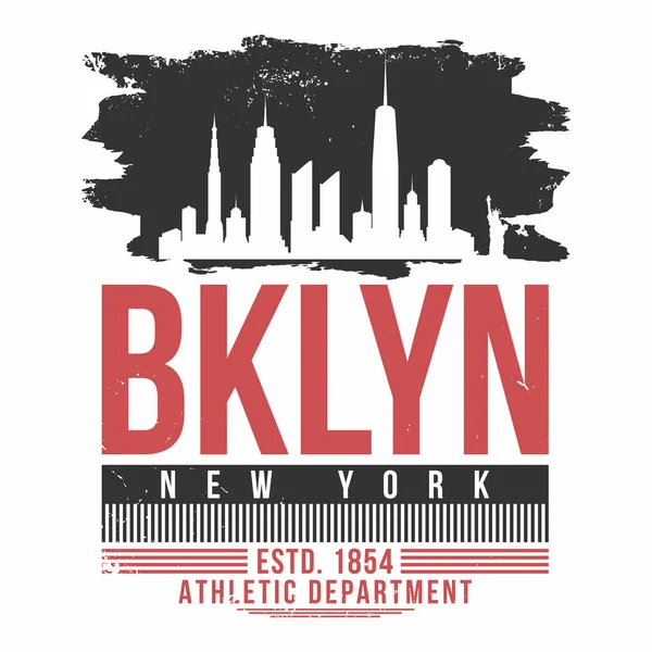 New York, Brooklyn typografie voor t shirt afdrukken. T shirt afbeeldingen met stad skyline van silhouet — Stockvector