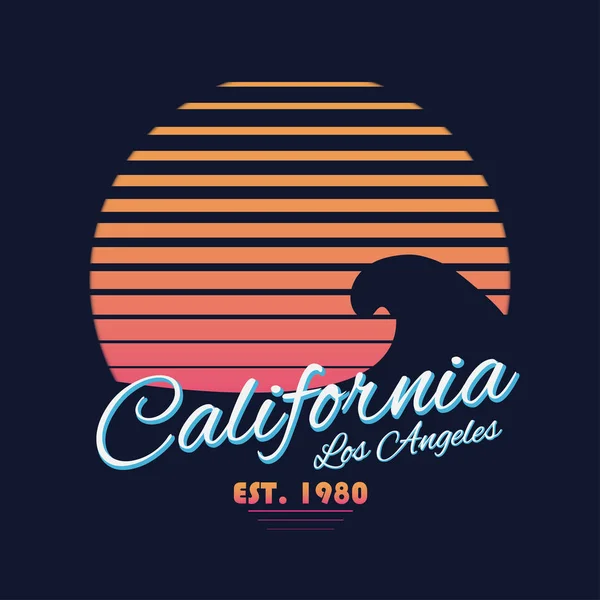 Tipografía vintage de California al estilo de los 80. Retro gráficos camiseta con escena tropical paraíso y ola — Vector de stock