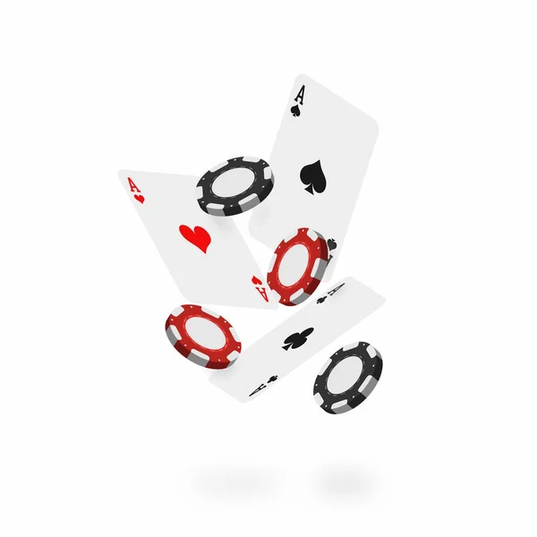 Falling cards and chips. Falling poker aces with realistic casino chips isolated on white background — Stock Vector