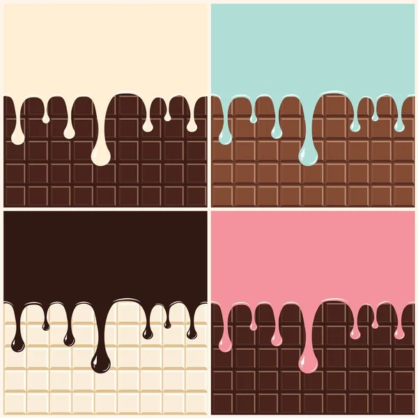 Schokolade, Vanillecreme, rosa und blaue Sahne. Set aus geschmolzener Sahne und Schokolade tropft auf Schokoriegel Hintergrund — Stockvektor