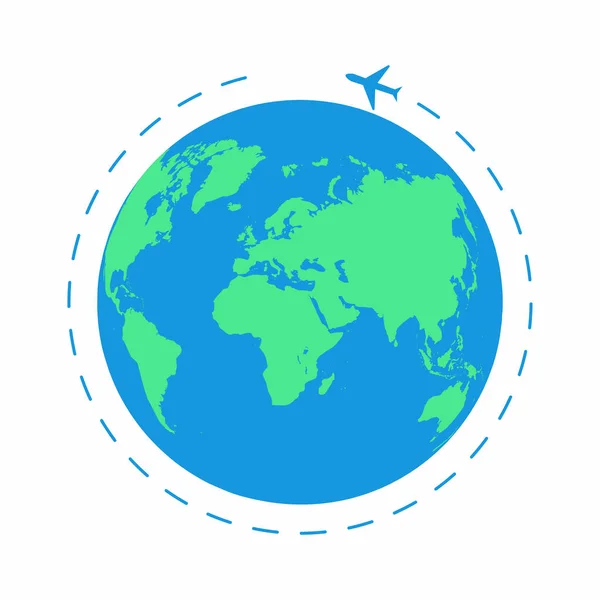 Avión volador alrededor del mundo. El avión de ruta, la ruta del avión. Planeta Tierra icono — Archivo Imágenes Vectoriales