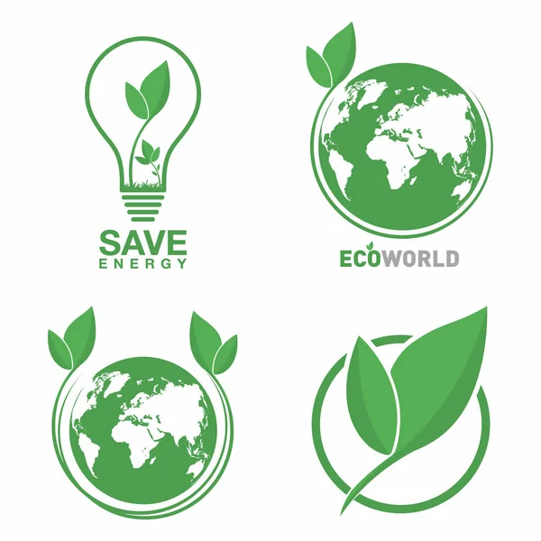 Ecology logo set. Eco world, green leaf, energy saving lamp symbol. Eco friendly concept for company logo — Stock Vector