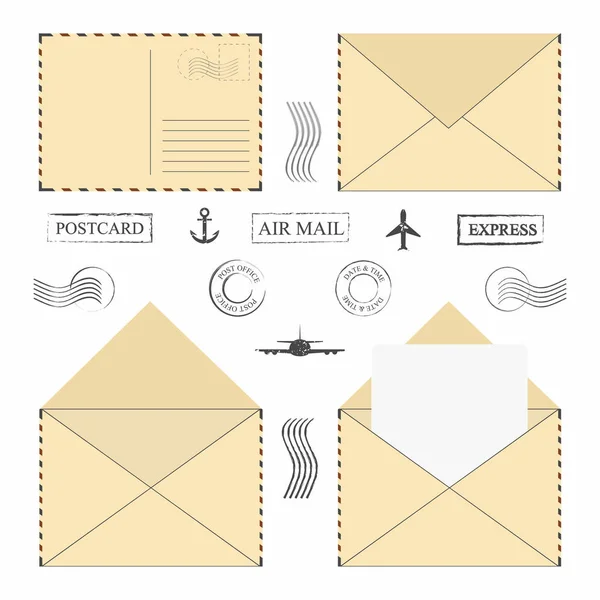 Conjunto de sobres. Sobres de correo vintage con sellos postales, marcos y carta en blanco — Vector de stock