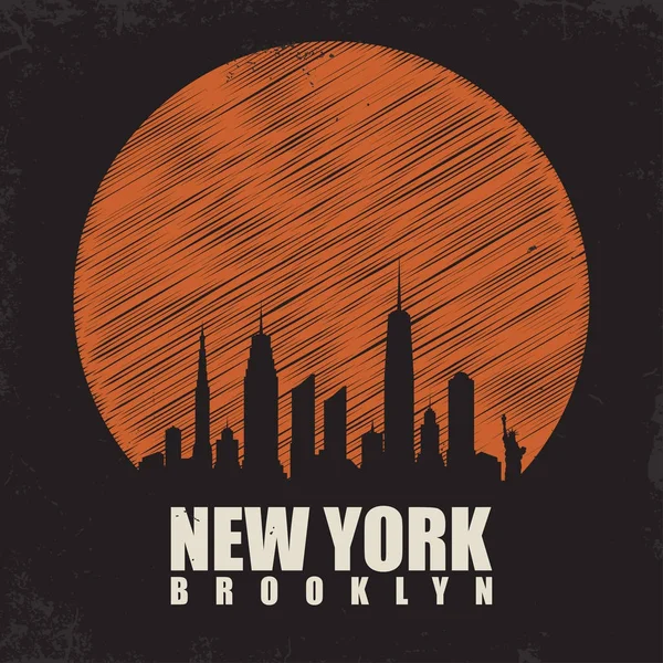 New York, Brooklyn typografie voor t shirt afdrukken. T shirt afbeeldingen met stad skyline van silhouet. Vintage tee afdrukken — Stockvector