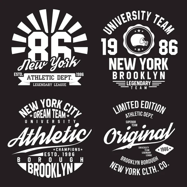 Nueva York, tipografía de Brooklyn para estampado de camiseta. Deportes, conjunto de gráficos de camisetas atléticas. Colección de insignias — Vector de stock