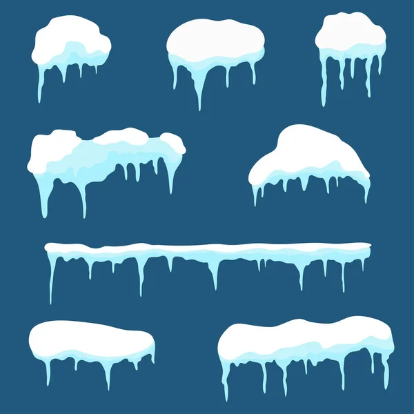 Schneekappe, Eiskappen-Set. Schneeverwehungen und Eiszapfen Design-Elemente isoliert auf dem Hintergrund — Stockvektor