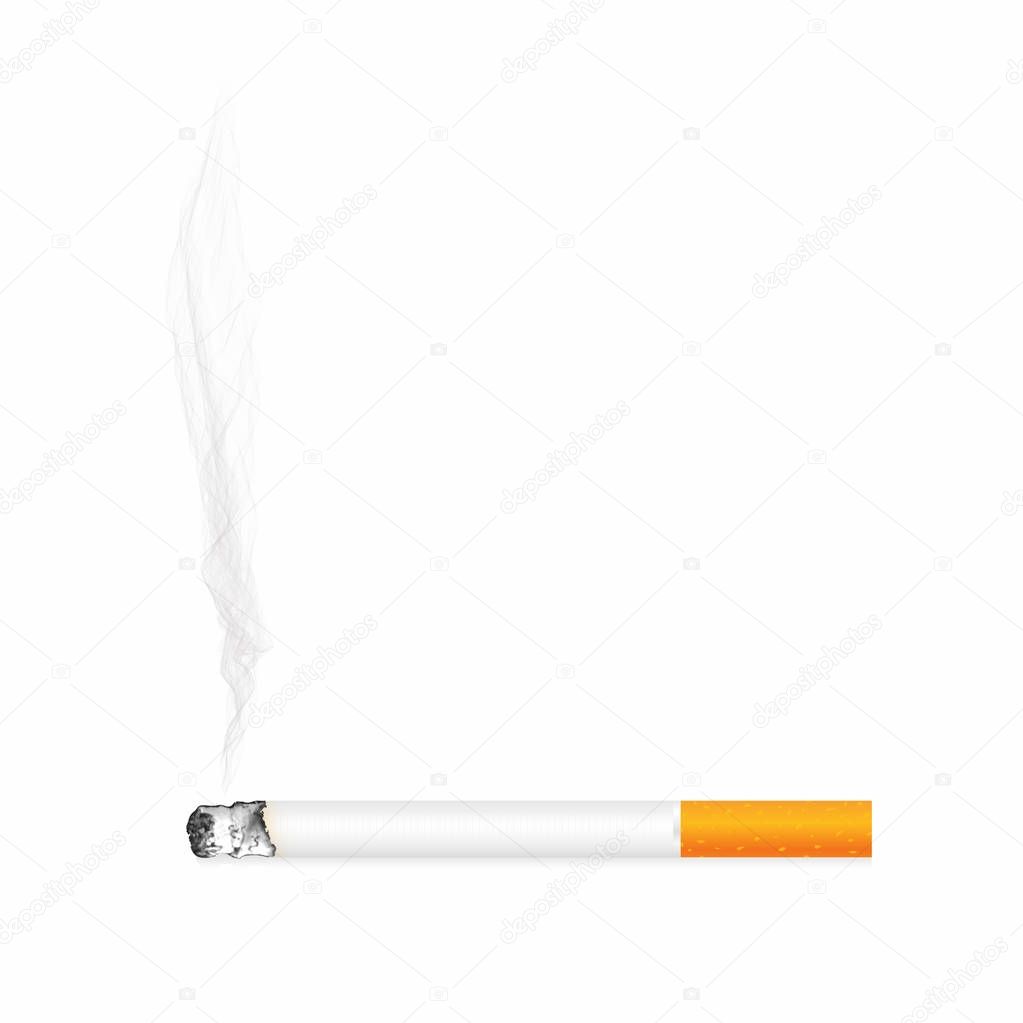 Cigarette with ash and smoke isolated on background. Realistic smoldering cigarette, close up view