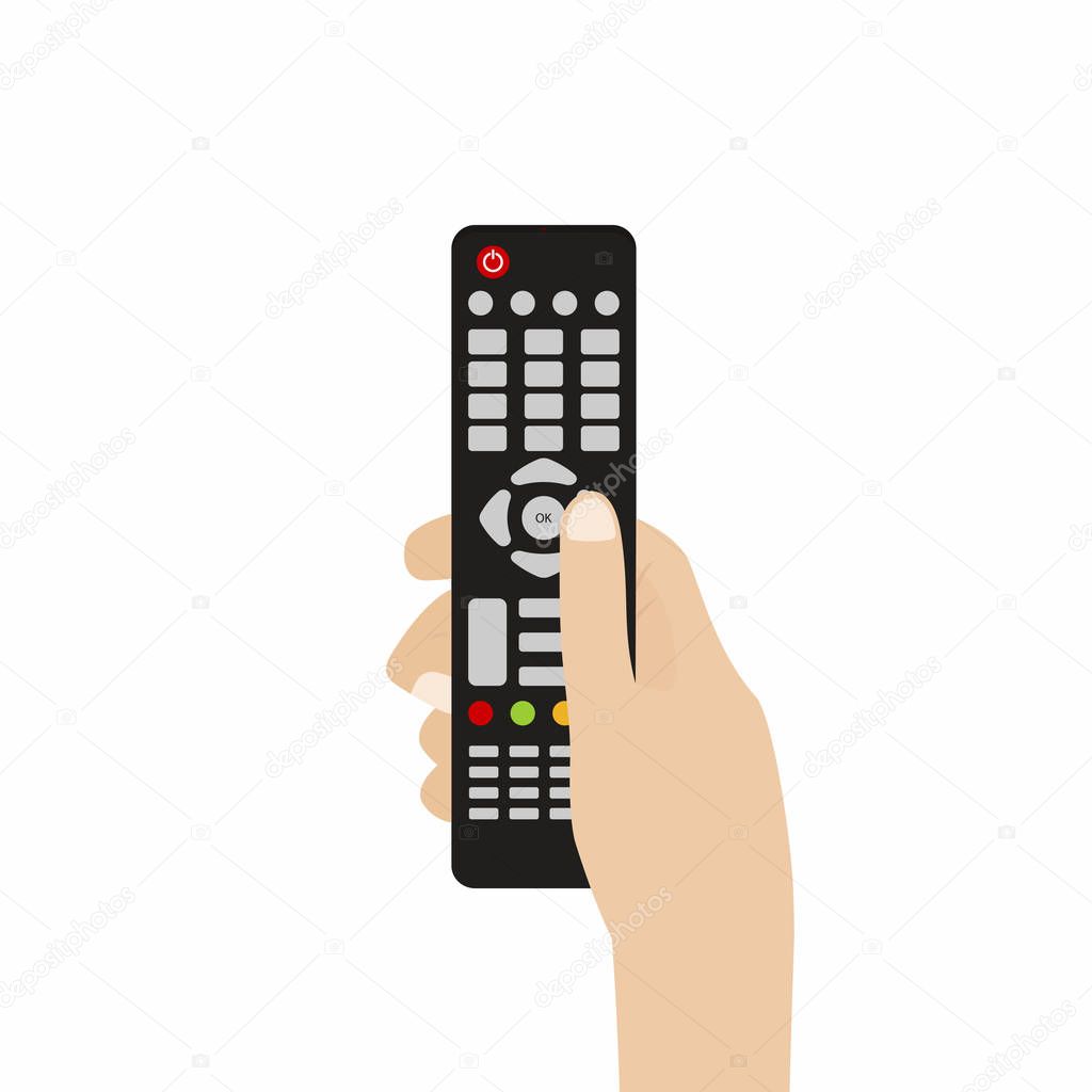 Remote control for TV. Hand holding TV remote control