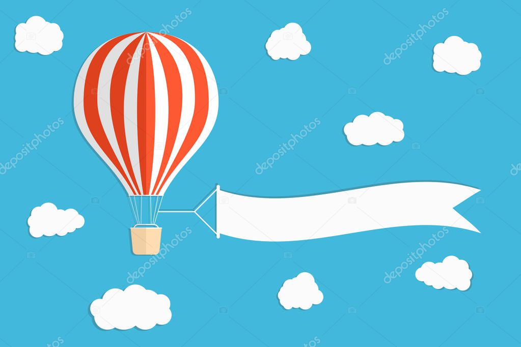 Flying advertising banner. Hot air balloon with vertical banners on blue sky background