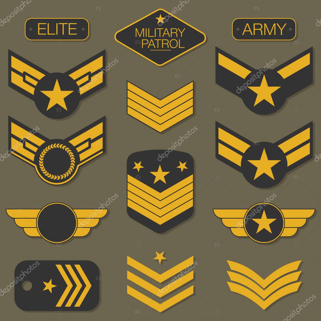 Military army badge set typography. T shirt graphics. Army patch, chevron, pin. Vector