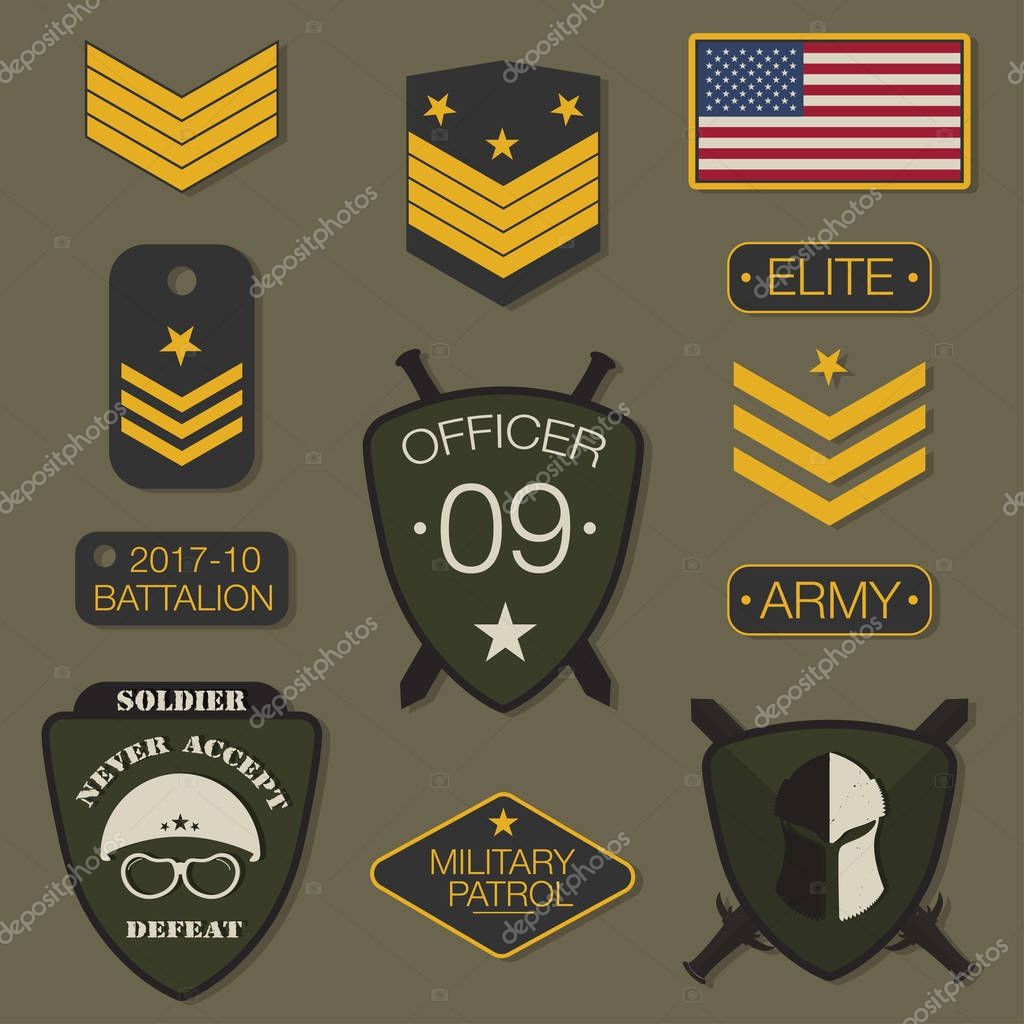 Military army badge set typography. T shirt graphics. Army patch, chevron, pin. Vector