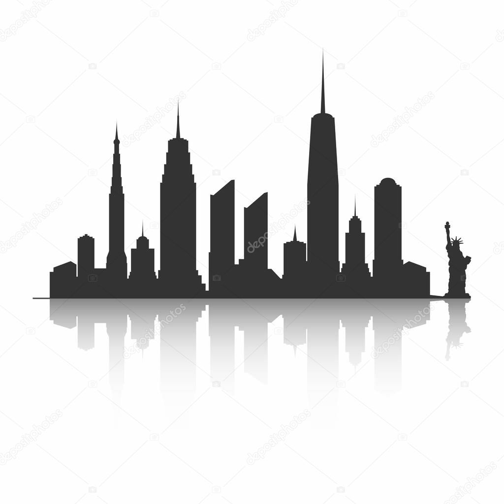 New York City skyline silhouette. Skyscrapers and Statue of Liberty