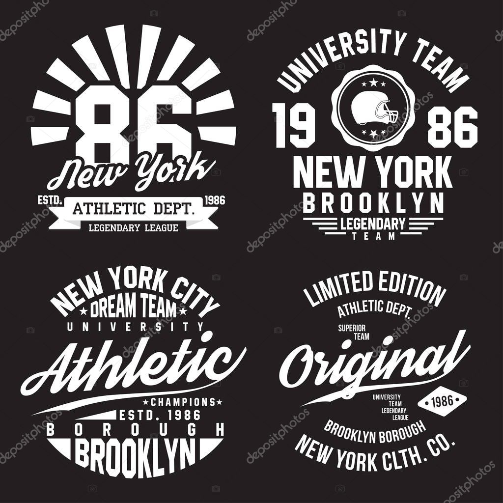 New York, Brooklyn typography for t-shirt print. Sports, athletic t-shirt graphics set. Badge collection. Vector