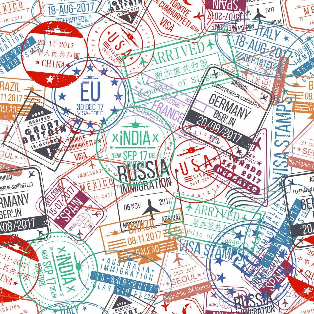 Passport stamp seamless pattern. International arrivals sign rubber, visa stamps