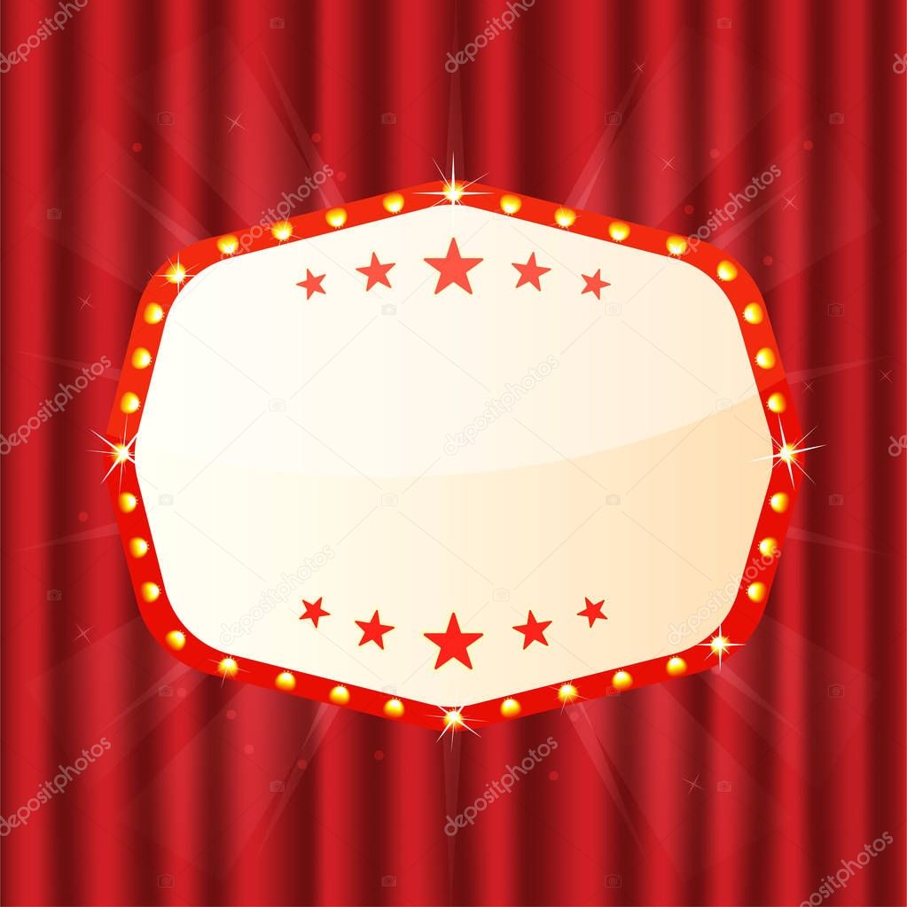 Empty sign on red curtain. Cinema, theatre, casino signboard. Retro light frame with glowing lamps