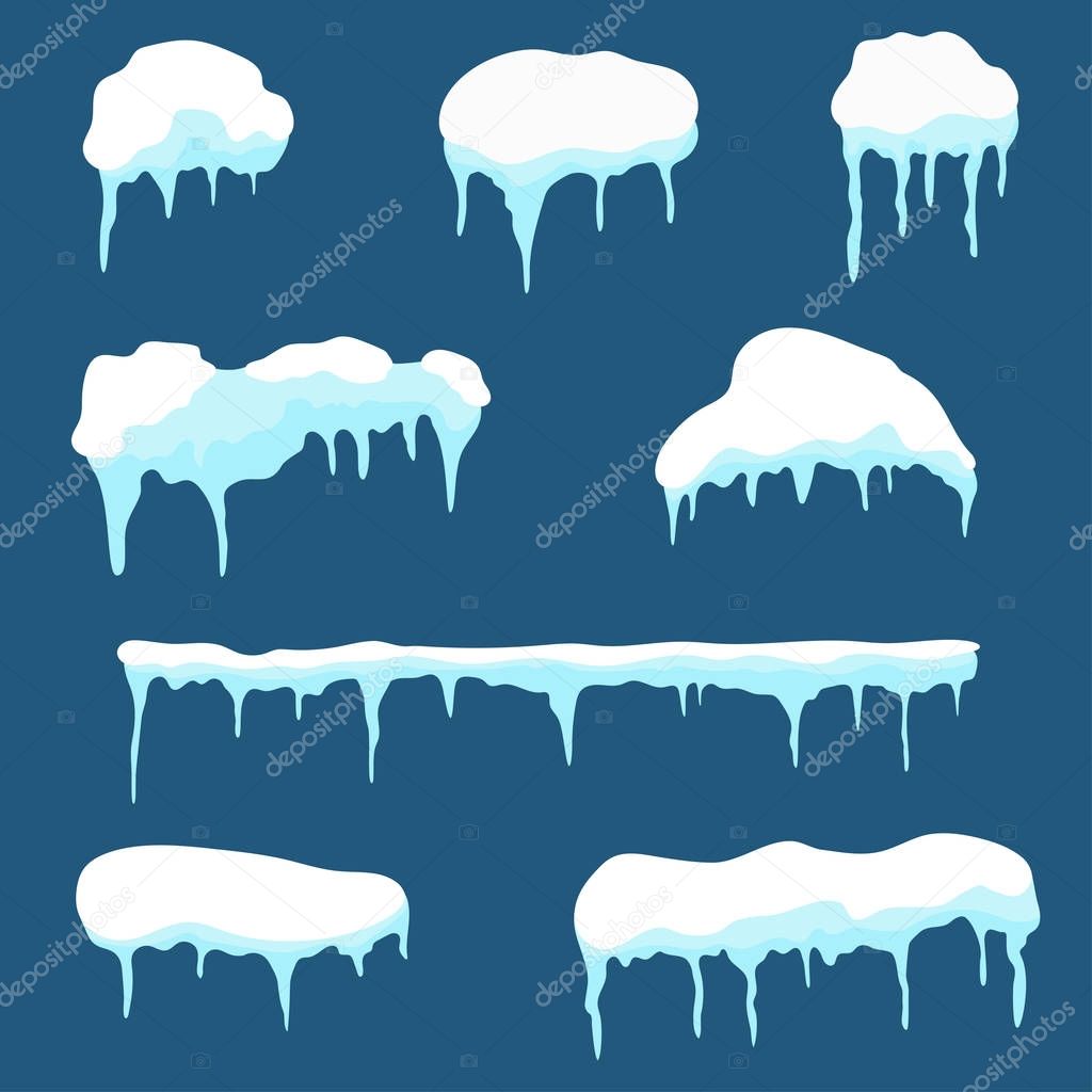 Snow cap, ice cap set. Snowdrifts and icicles design elements isolated on background