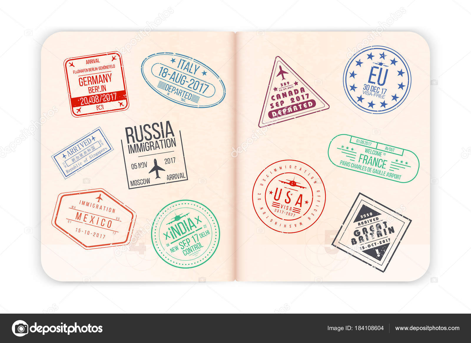Vector passport with visa stamps. Open passport pages with airport visa